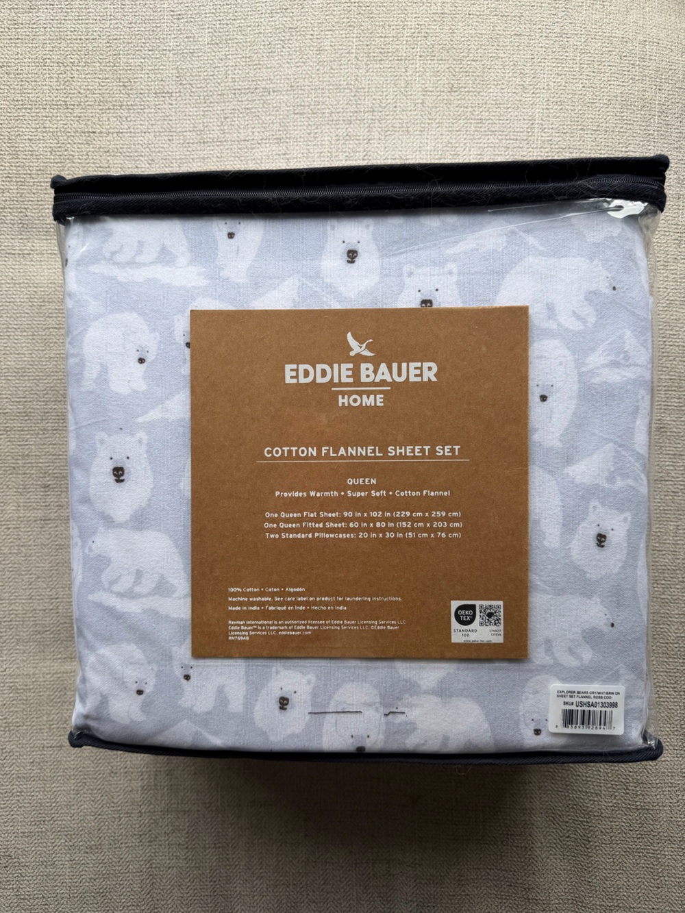 Eddie Bauer Queen Light Gray and White Polar Bear Flannel Sheet Set New - Picture 2 of 4
